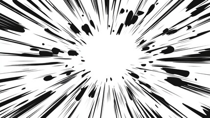 Dynamic comic book explosion effect with bold black lines and motion streaks, isolated on a white background