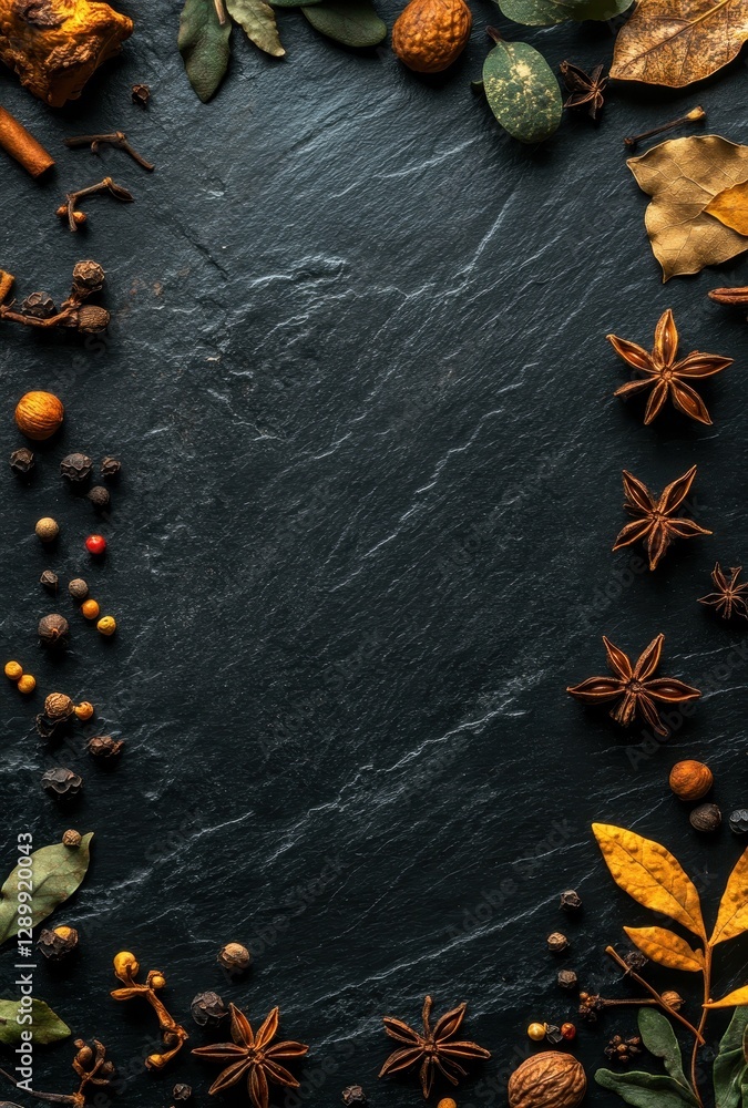 Aufkleber aromatic spices and herbs displayed on dark slate surface creating a captivating culinary background