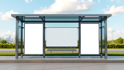 "3D Rendered Bus Stop with Blank Advertising Boards for Custom Content"