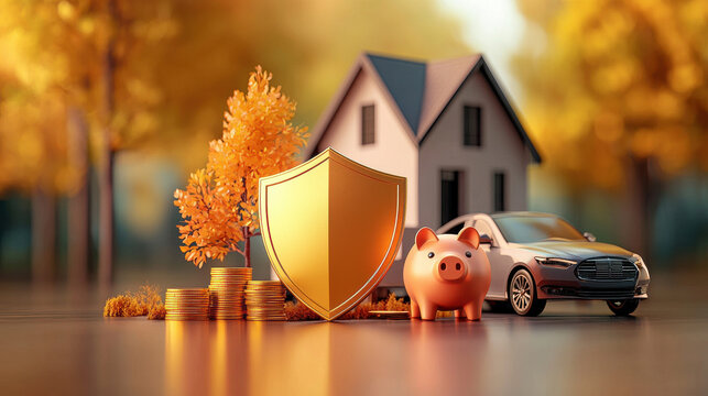 golden shield symbolizes protection alongside piggy bank, coins, house, and car, representing financial security