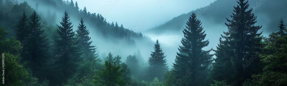 Poster misty forest landscape with tall trees and fog creating a serene atmosphere.