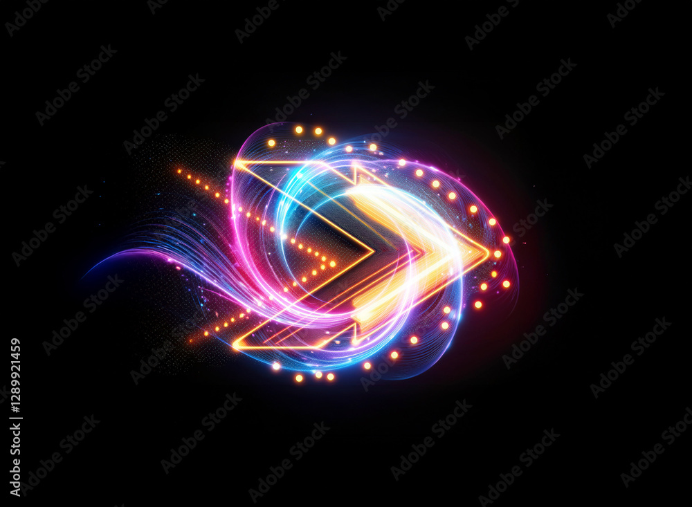 Poster abstract double exposure effect with glowing light trails forming an arrow shape, blending vibrant c