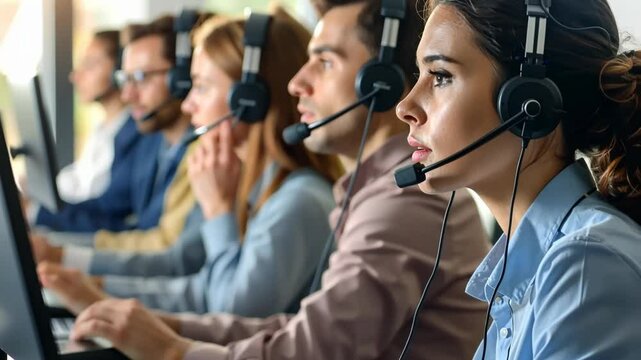 Call center agents engaged in customer support at a bustling office during daytime hours