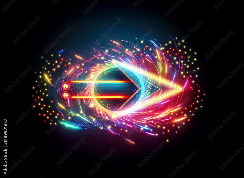 Poster an abstract eye shape bursts with vibrant neon light trails, creating a dynamic double exposure effe