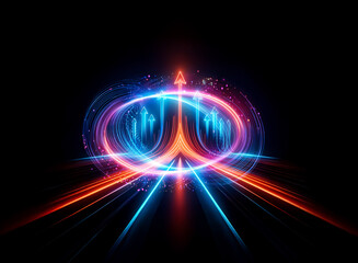 Obraz premium Vibrant abstract image featuring glowing blue and orange lines with a double exposure effect. Dynamic light trails create a sense of motion and energy against a dark backdrop.