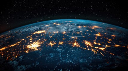 Obraz premium A digital Earth with real-time trade connections and financial hubs illuminated in blue.