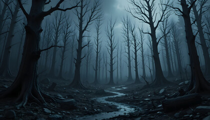Dark forest with dead trees broken braces scary generative ai