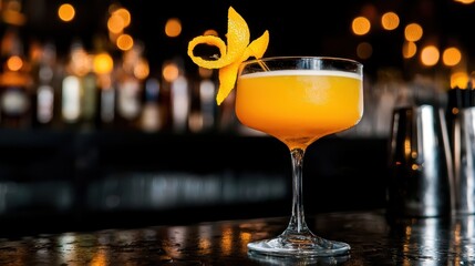 A vibrant cocktail garnished with an orange twist, set against a softly illuminated bar background.