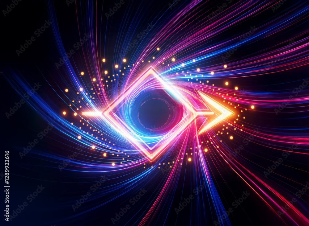 Poster double exposure art with a neon square and arrow shape. vibrant colors glow against a dark backdrop,