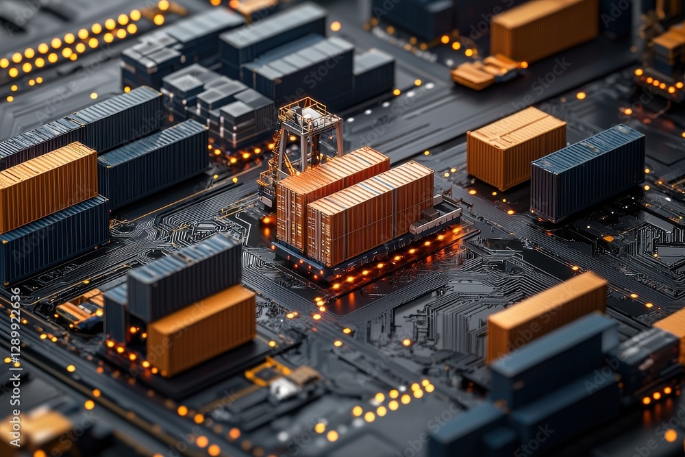 Poster a close-up view of a complex circuit board featuring orange and black components, illuminated by sma