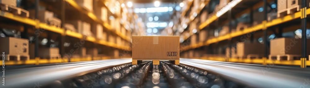 Poster a close-up view of a cardboard box on a conveyor belt in a warehouse filled with shelves of neatly s