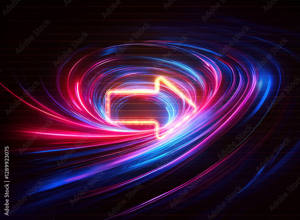 Poster double exposure of a glowing arrow in a vibrant swirl of neon lights. dynamic and abstract design wi