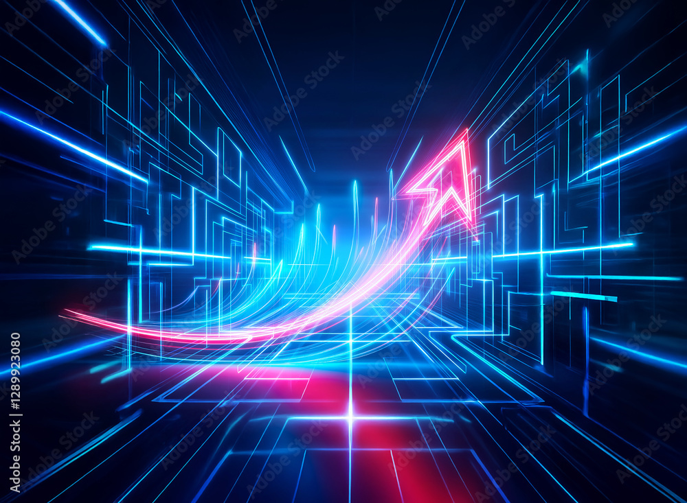 Poster futuristic double exposure image featuring a vibrant red arrow soaring upwards through a dynamic net