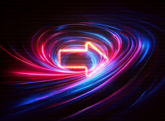 Double exposure of a glowing arrow in a vibrant swirl of neon lights. Dynamic and abstract design with a sense of movement.