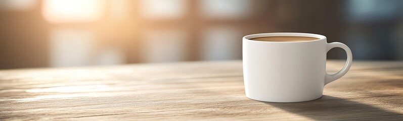 A white coffee mug on a wooden table with warm sunlight in the background.