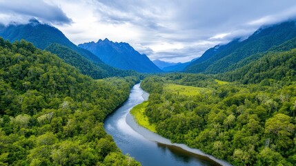Serene Aerial View of River Flowing Through Lush Green Valley Landscape