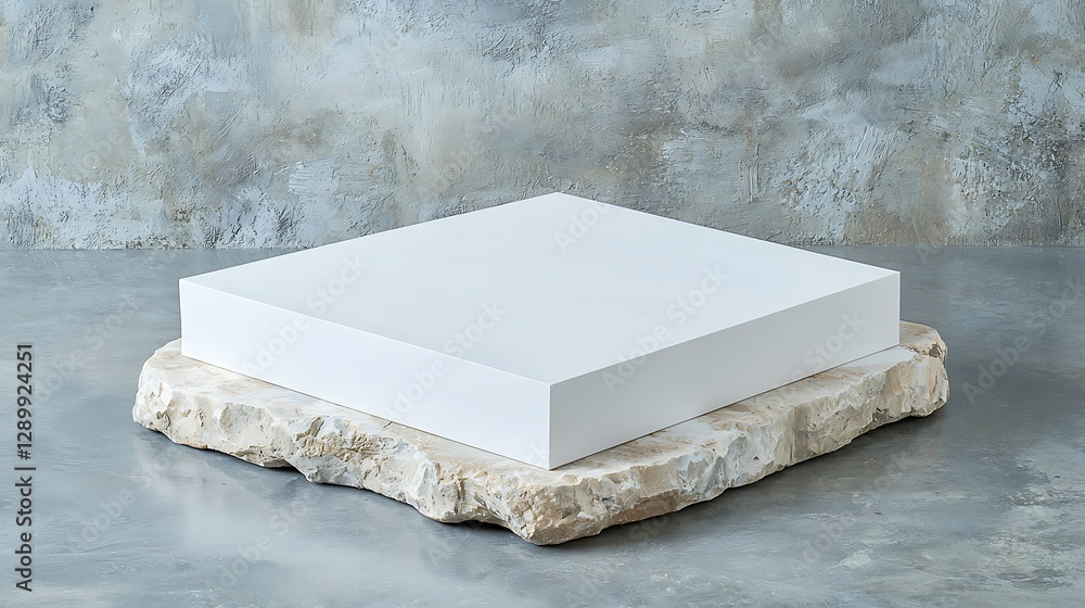 Poster artistic white canvas display on rough stone base studio setting minimalist aesthetic
