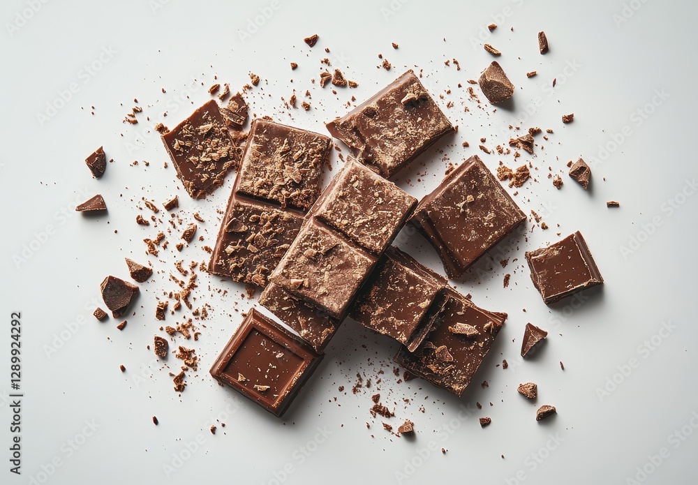 Poster assorted pieces of chocolate bar broken into smaller chunks on a light background with shavings disp