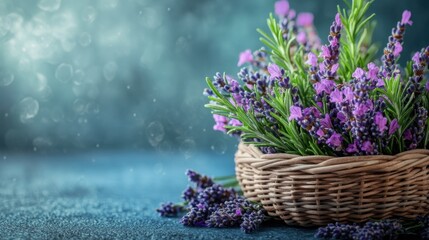 Fototapeta premium Basket filled with fresh lavender flowers arranged for decoration and fragrance