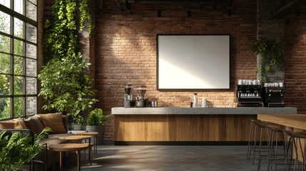 Loft cafe mockup, plants, brick wall, sunlit