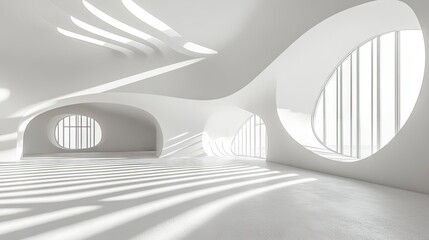 Obraz premium Modern white building interior, sunlight streams through large circular windows, open space, architectural design, perfect for background