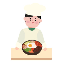 조리복을 입고 비비밥을 완성한 요리사 사람 남성