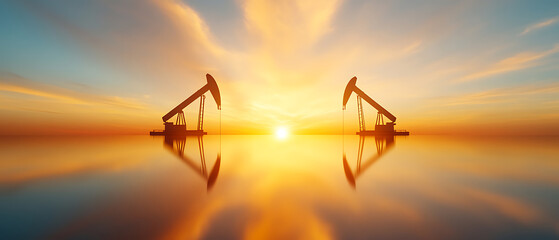 Oil pumping action at sunrise coastal landscape industrial photography serene environment wide-angle view