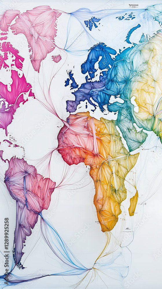 Poster global connectivity visualization colorful world map digital art abstract educational top view data 