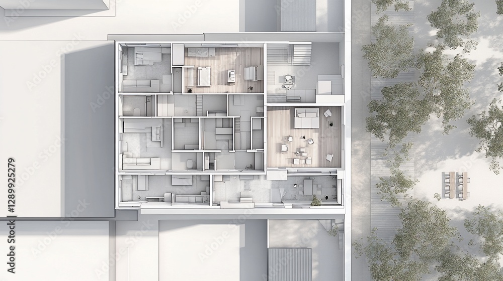 Aufkleber architectural floor plan rendering of a multi-level building with an adjacent exterior area