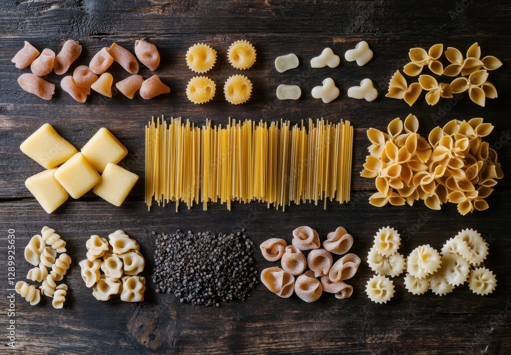 Aufkleber assorted types of pasta varieties displayed on rustic wooden table background in diverse shapes and 