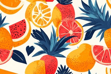 A colorful variety of sliced and whole citrus fruits and leafy plants.- Seamless Pattern - Seamless Pattern