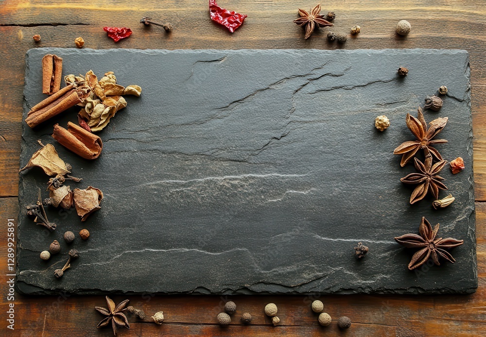 Aufkleber assorted whole spices displayed on dark slate surface with rustic wooden background for culinary and