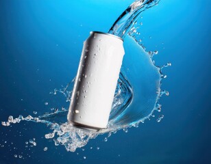 White soda can mockup photo splash of water product photo pink backdrop floating in the air