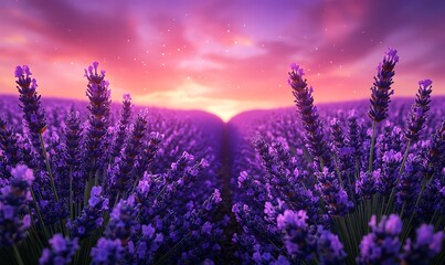 Vibrant lavender field at sunset, showcasing rich purple hues and a serene atmosphere.