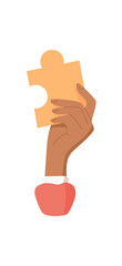 Hand holding a puzzle piece. Gesture of a person grasping puzzle item. Flat graphic concept, sticker style, suitable for teamwork and collaboration themes.
