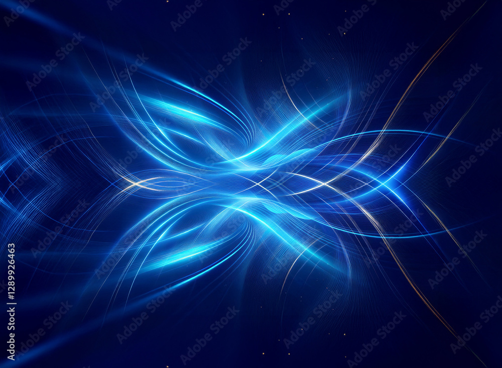Poster abstract intertwining blue light trails create a dynamic futuristic design against a dark backdrop. 