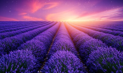 Obraz premium Vibrant lavender fields at sunset, showcasing rows of purple flowers under a colorful sky.