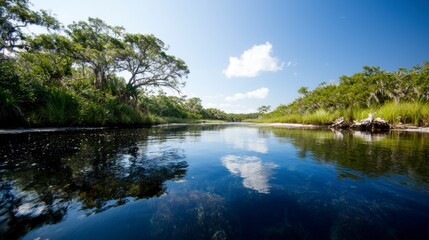 Obraz premium Serene River Lush Greenery Tranquil Water Blue Sky Reflection Nature Landscape Calm