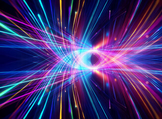 Fototapeta premium An abstract composition featuring vibrant, colorful light streaks converging towards a central point against a deep, dark backdrop, creating a dynamic sense of motion and energy.