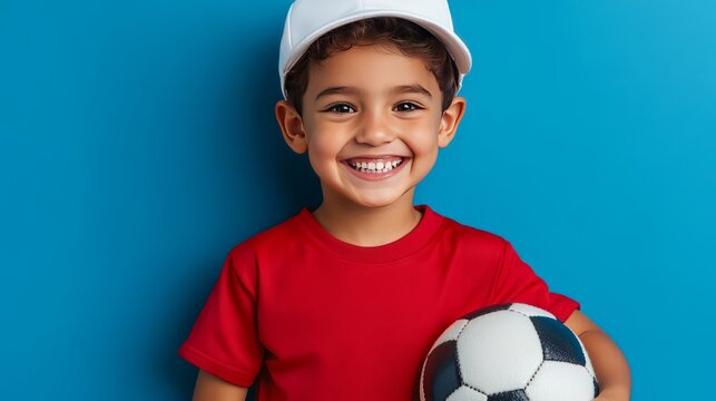 Young Soccer Enthusiast: A young, cheerful boy, donning a sporty cap and a vibrant red shirt, beams with pure joy as he clutches a classic soccer ball against a vividly blue backdrop.