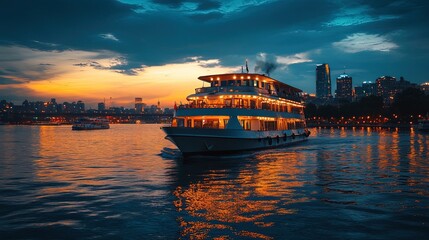 Obraz premium A romantic dinner cruise with city lights reflecting on the water, elegant and peaceful