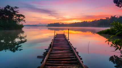 Obraz premium Serene Sunrise Over Tranquil Lake with Wooden Pier and Lush Greenery Reflecting Vibrant Sky