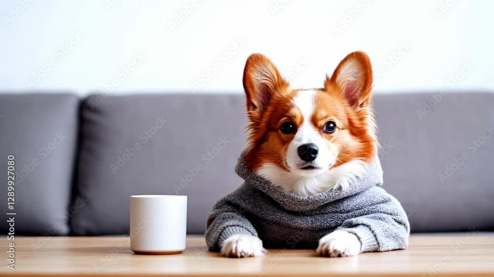 Aufkleber corgi dog in gray sweater lying on sofa with smart speaker. pet interaction with voice assistant tec