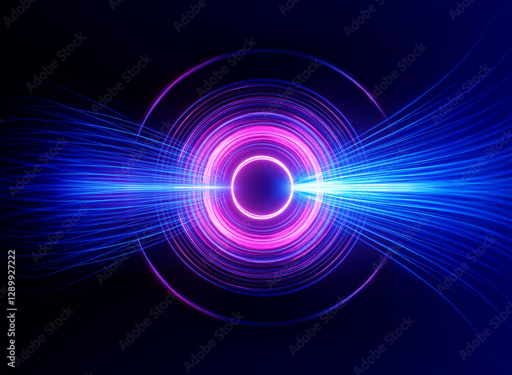 Poster circular abstract design featuring vibrant pink and blue hues. concentric rings emanate light, with 