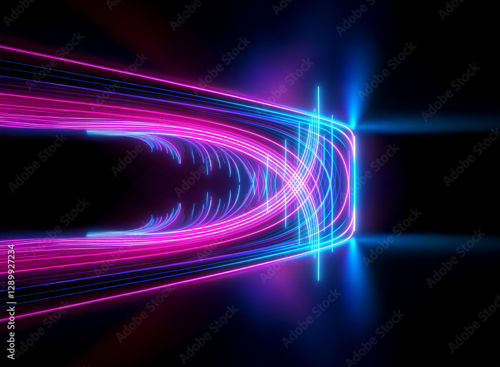 Poster abstract pink and blue light streaks flow into a bright square frame against a dark backdrop, creati