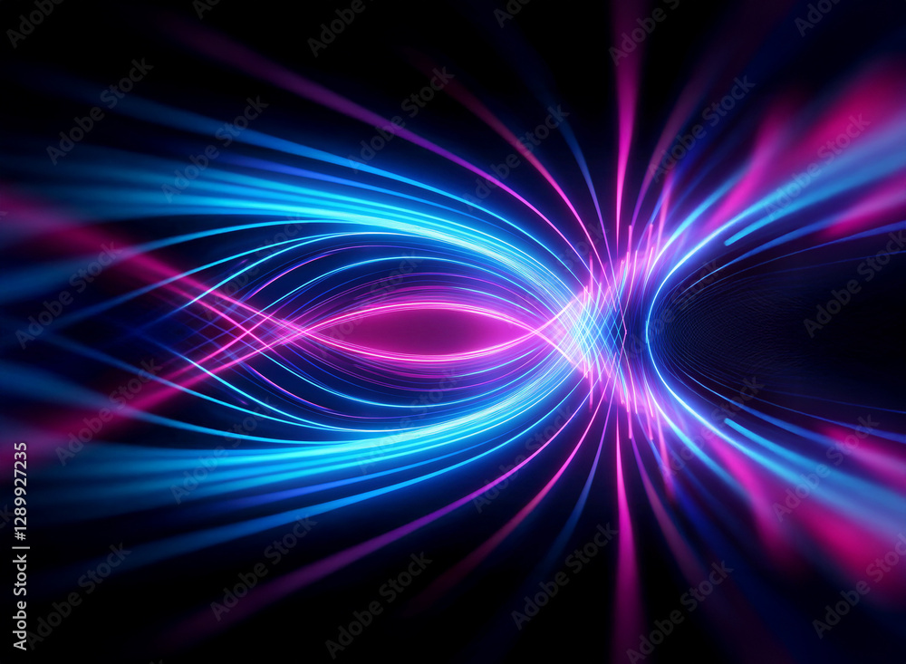 Poster abstract image with vibrant blue and pink light trails converging and diverging against a dark backg