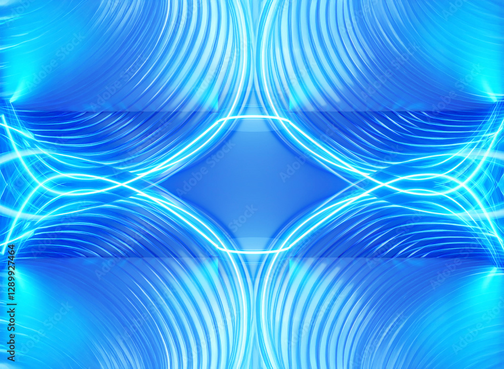 Poster abstract blue light pattern with symmetrical curves and a central diamond shape. bright and dynamic 