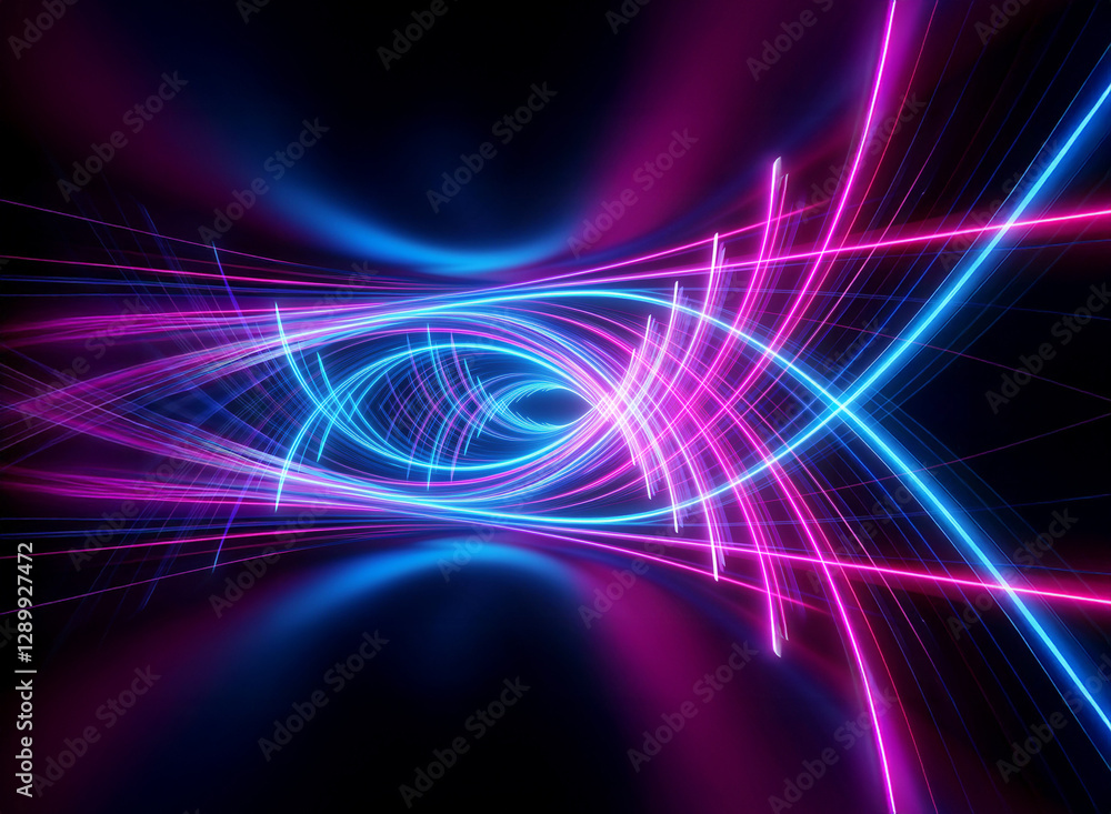 Poster abstract neon lines of pink and blue intertwine, creating a futuristic and dynamic design against a 