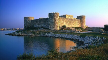 Majestic Stone Castle by the Sea at Sunset