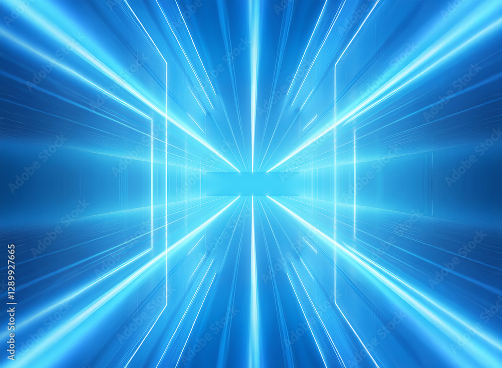 Poster abstract blue background featuring bright converging lines creating a perspective effect, resembling